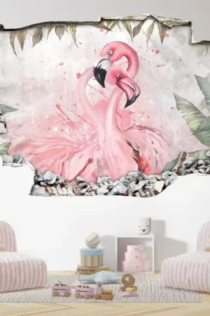 Vente Flash Stickers Trompe l'oeil trou dans le mur - Flamants Roses