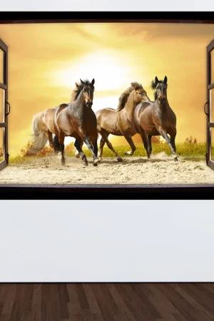 Vente Flash Stickers Trompe l'œil fenêtre en bois - Chevaux