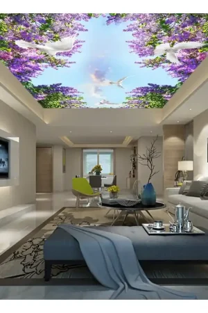 Acheter En Ligne Décor plafond paysage - Les glycines et les oiseaux dans le ciel bleu