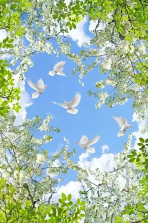 Décor plafond paysage romantique - Les fleurs de poirier et les oiseaux dans le ciel bleu Commander Maintenant