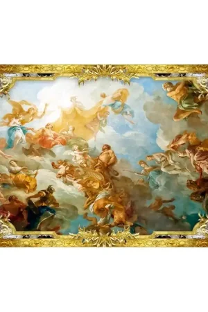 Prix Promo Décor plafond style ancien - Papier peint fresque ou plafond tendu lumineux, motif avec cadre doré
