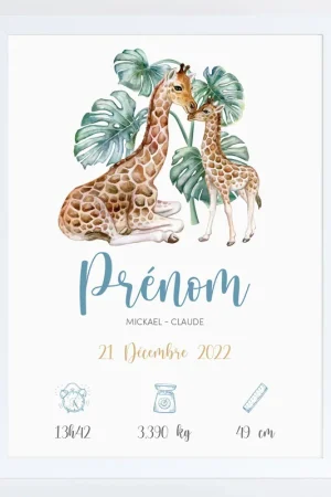 Quantité Limitée Affiche / Poster de naissance bébé - Girafes
