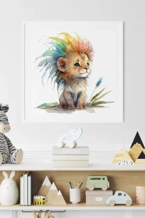 Poster / Affiche carrée Enfants - Lionceau coloré Exclusif