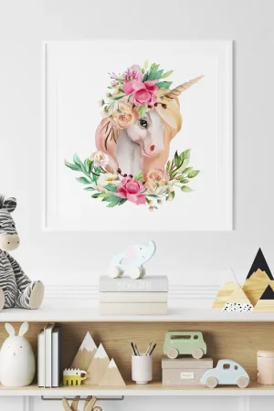 Affaire À Saisir Poster / Affiche carrée Enfants - Licorne fleurs