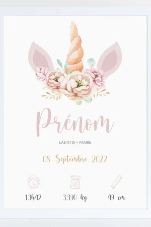 Achat Immédiat Affiche / Poster de naissance bébé - Licorne