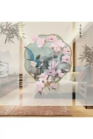 Cloison japonaise séparation amovible - Magnolia rose, oiseau bleu, paysage et bambou en gris Achetez Aujourd’hui