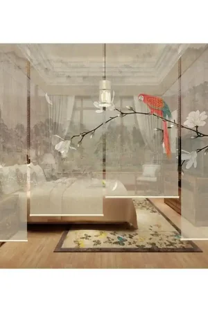 Super Prix Cloison japonaise fleurs et oiseaux - Paysage avec magnolia blanc et perroquet arc-en-ciel, fond beige