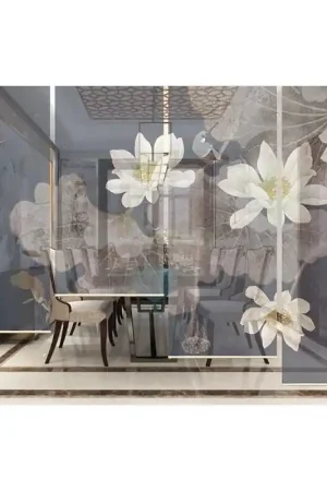 Achat Immédiat Lotus blanc, oiseaux d'eau et carpes dans l'étang, fond bleu foncé