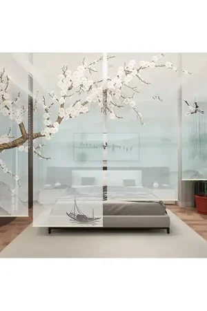 Achetez Aujourd’hui Cloison ambiance de printemps - Arbre de mei, grues du Japon et poissons, ton bleu pastel