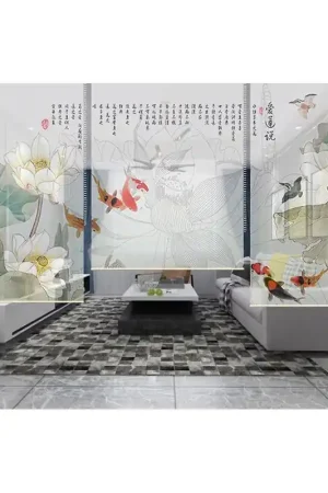 Prix Promo Cloison ambiance d'été : lotus, carpes multicolores, oiseaux d'eau et poème