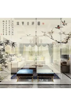 Paysage avec les bambous, orchidées, chrysanthèmes, fleurs et oiseaux, fond beige sépia Meilleure Qualité