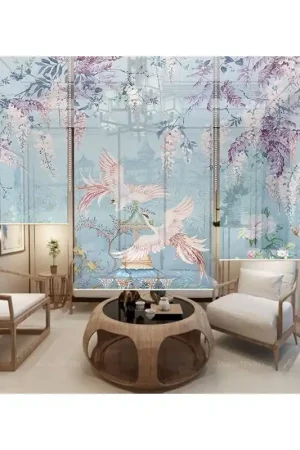 Cloison japonaise fleurs et oiseaux ton bleu - Couple de Phénix dans jardin exotique Nouvelle Collection