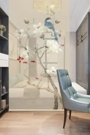 Décor zen séparation légère entrée, séjour, chambre - Magnolia blanc et oiseau bleu, fond beige Prix Réduit