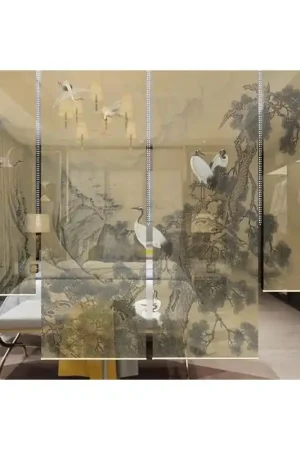Artisanat Cloison décorative amovible ton sépia - Grues du Japon dans la montagne nuageuse