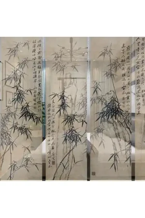 Paravent suspendu asiatique ton sépia - Les bambous et calligraphie chinoise Remise
