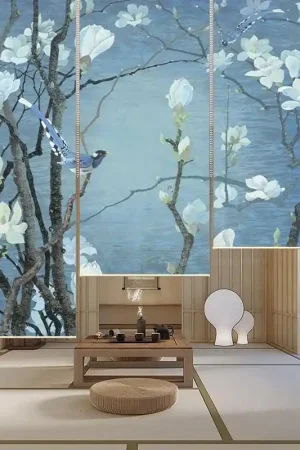 Panneau japonais floral - Magnolia blanc et oiseaux sur fond bleu Réduction