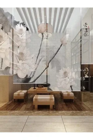 Panneau chinois fleurs zen - Les lotus et le poème, fond gris clair Produit De Marque